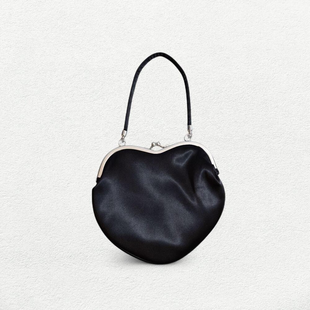 Camille Charrière x Mango MNG Satin Heart Shaped Clutch Handbag Black & Silver